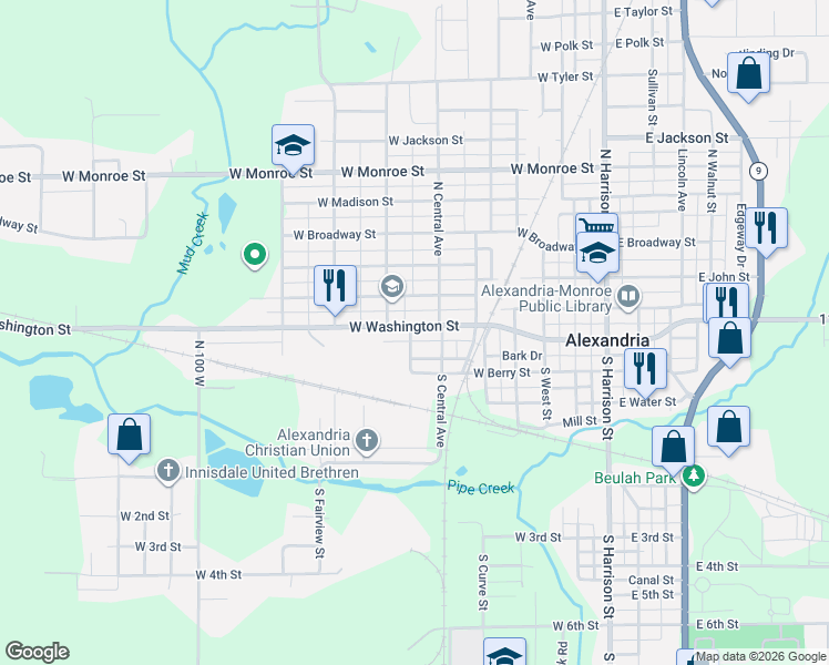 map of restaurants, bars, coffee shops, grocery stores, and more near 605 West Washington Street in Alexandria