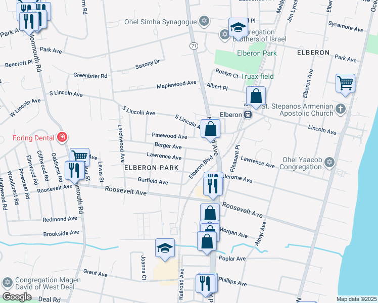 map of restaurants, bars, coffee shops, grocery stores, and more near 19 Berger Avenue in Monmouth County