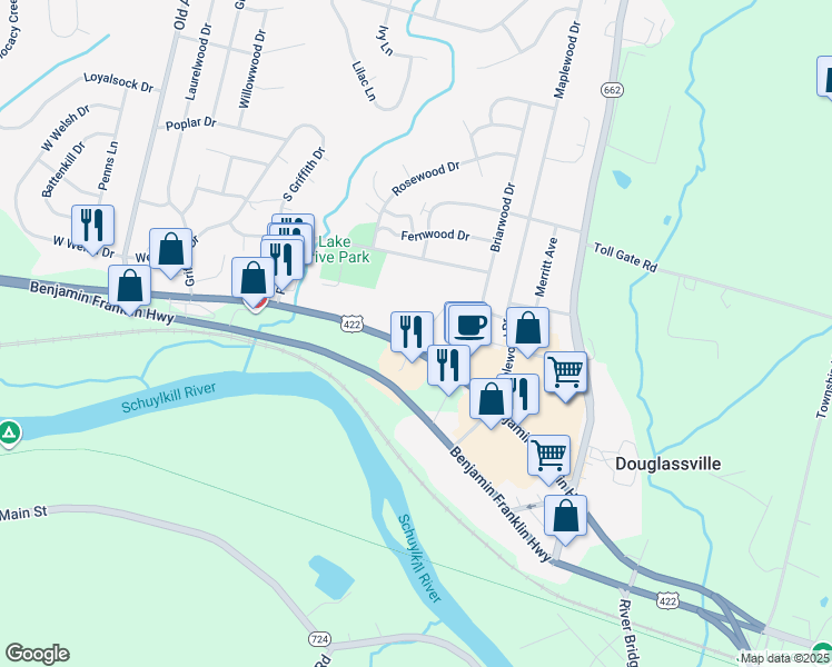 map of restaurants, bars, coffee shops, grocery stores, and more near 1125 Benjamin Franklin Highway in Douglassville
