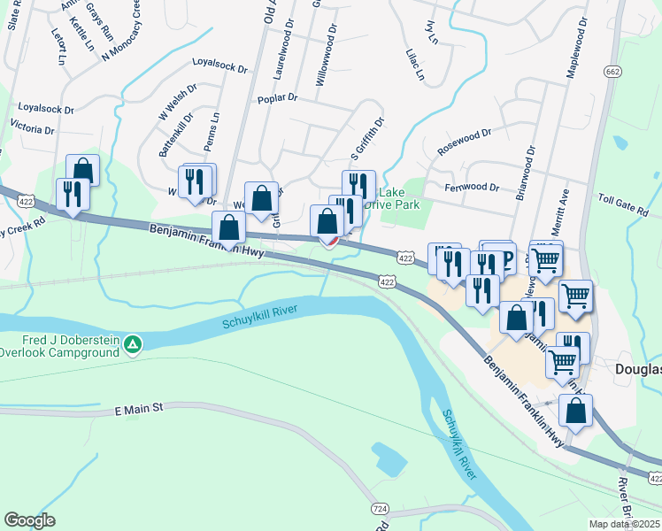 map of restaurants, bars, coffee shops, grocery stores, and more near U.S. 422 in Douglassville