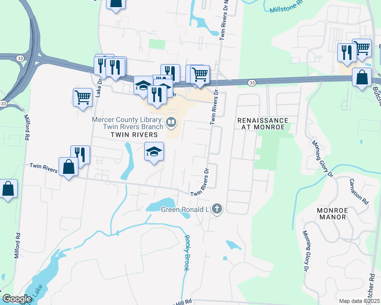 map of restaurants, bars, coffee shops, grocery stores, and more near 437 Kellington Drive in Hightstown