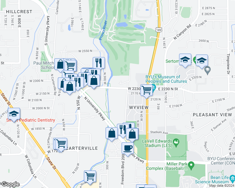 map of restaurants, bars, coffee shops, grocery stores, and more near 245 West 2230 North in Provo