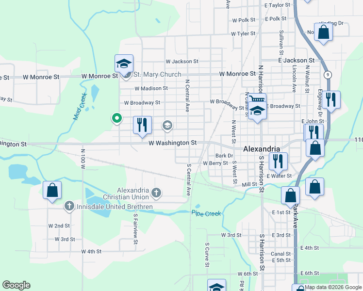 map of restaurants, bars, coffee shops, grocery stores, and more near 605 West Washington Street in Alexandria