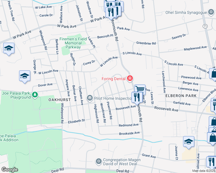 map of restaurants, bars, coffee shops, grocery stores, and more near 186 Elmwood Road in Monmouth County