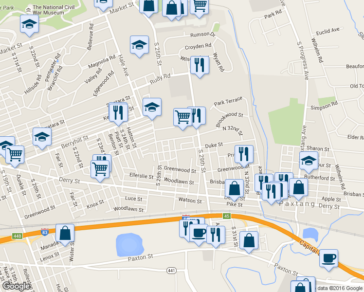 map of restaurants, bars, coffee shops, grocery stores, and more near 2610 Duke Street in Harrisburg