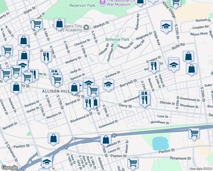 map of restaurants, bars, coffee shops, grocery stores, and more near 2035 Kensington Street in Harrisburg