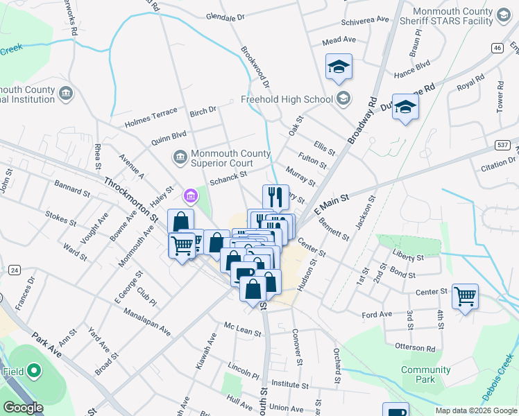 map of restaurants, bars, coffee shops, grocery stores, and more near 28 Spring Street in Freehold