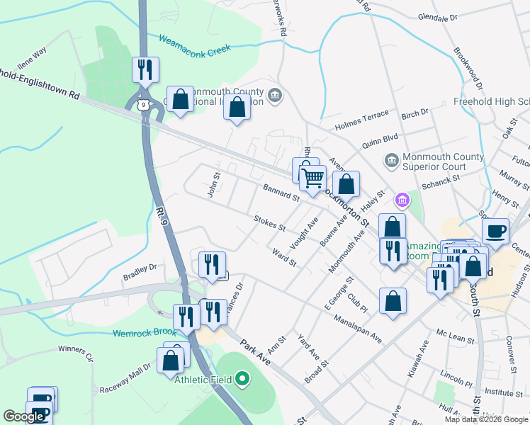 map of restaurants, bars, coffee shops, grocery stores, and more near 49 1/2 Stokes Street in Freehold