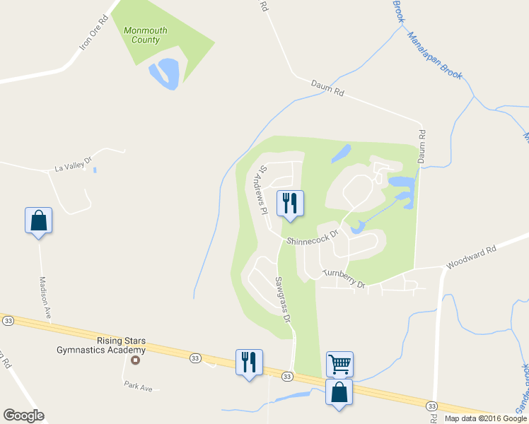 map of restaurants, bars, coffee shops, grocery stores, and more near 589 Saint Andrews Place in Englishtown