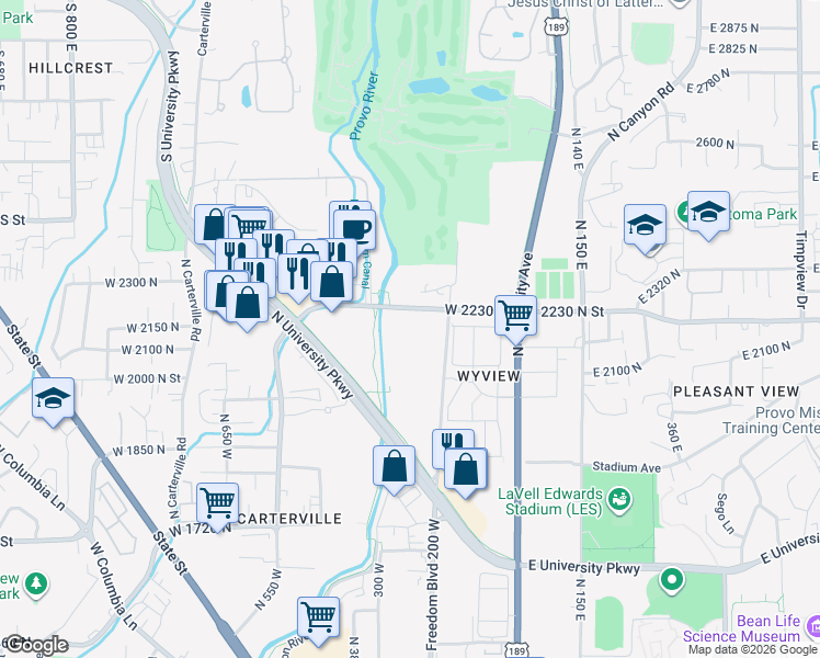 map of restaurants, bars, coffee shops, grocery stores, and more near 245 West 2230 North in Provo