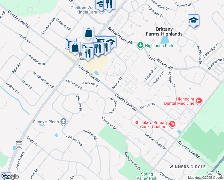 map of restaurants, bars, coffee shops, grocery stores, and more near 1525 Manor Drive in Chalfont