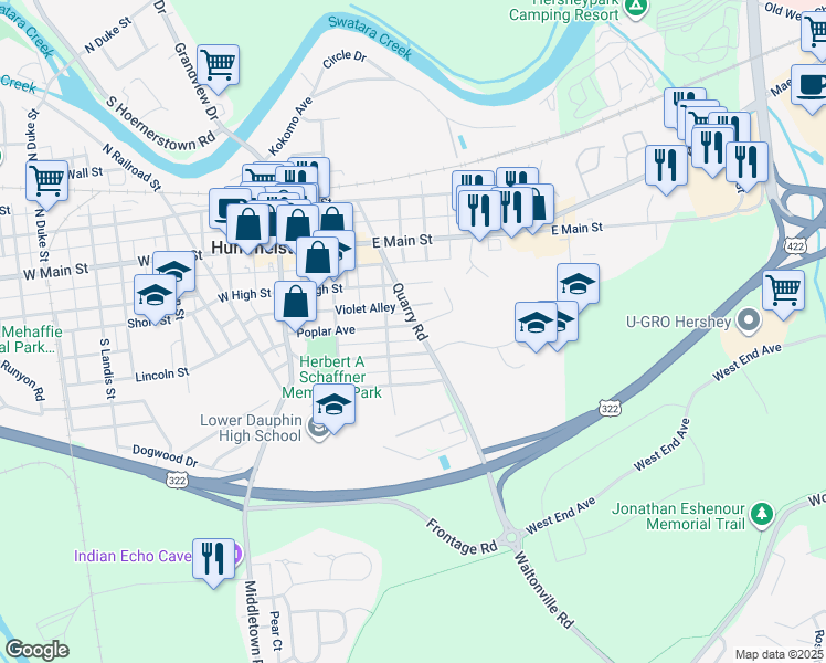 map of restaurants, bars, coffee shops, grocery stores, and more near 219 Poplar Avenue in Hummelstown
