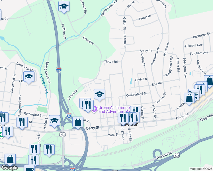 map of restaurants, bars, coffee shops, grocery stores, and more near 419 North 45th Street in Harrisburg