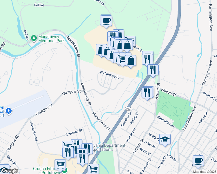 map of restaurants, bars, coffee shops, grocery stores, and more near 98 West Harmony Drive in Pottstown