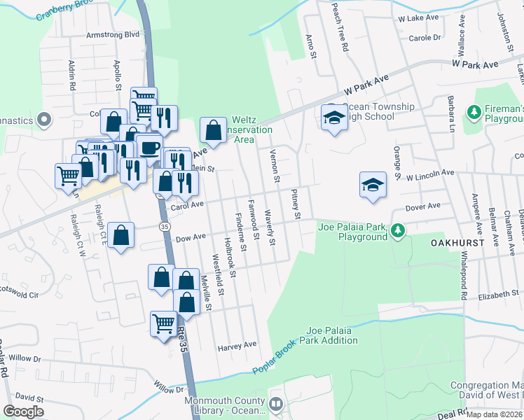 map of restaurants, bars, coffee shops, grocery stores, and more near 1904 Waverly Street in Monmouth County