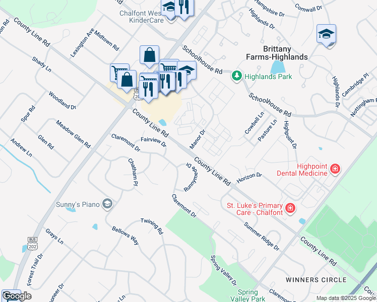 map of restaurants, bars, coffee shops, grocery stores, and more near 1600 Manor Drive in Chalfont
