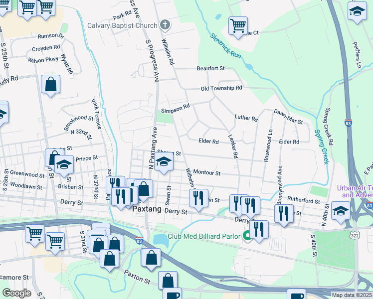 map of restaurants, bars, coffee shops, grocery stores, and more near 3700 Sharon Street in Harrisburg