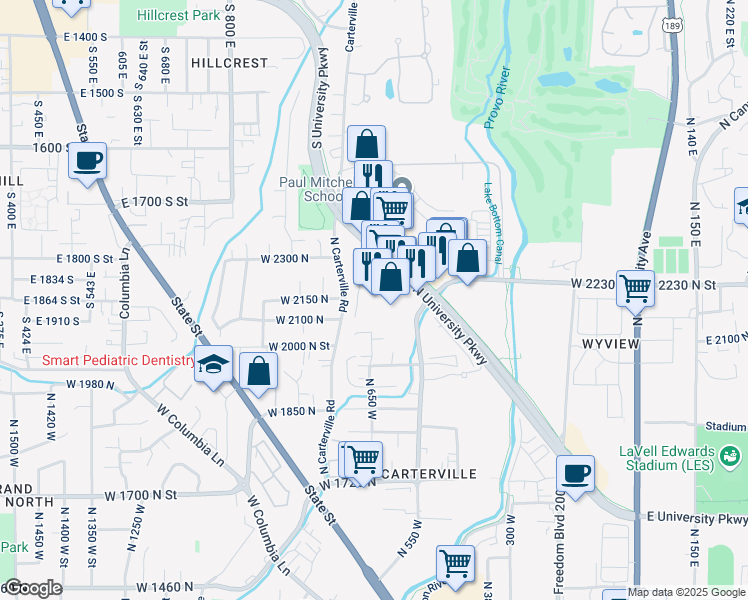 map of restaurants, bars, coffee shops, grocery stores, and more near 2255 North University Parkway in Provo