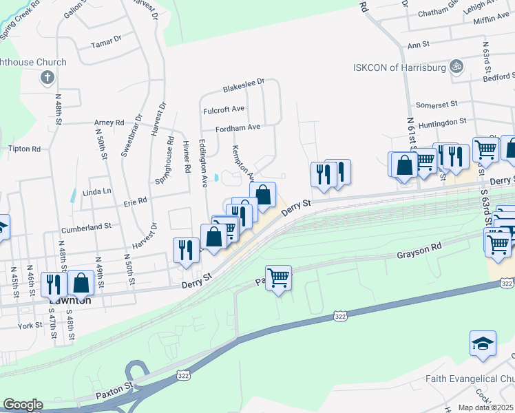 map of restaurants, bars, coffee shops, grocery stores, and more near 5631 Lancaster Street in Harrisburg