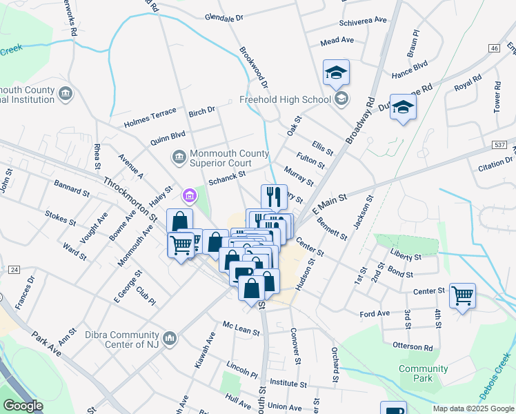 map of restaurants, bars, coffee shops, grocery stores, and more near 28 Spring Street in Freehold