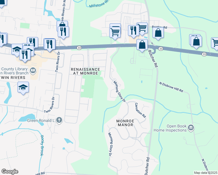 map of restaurants, bars, coffee shops, grocery stores, and more near 1049 Morning Glory Drive in Monroe Township