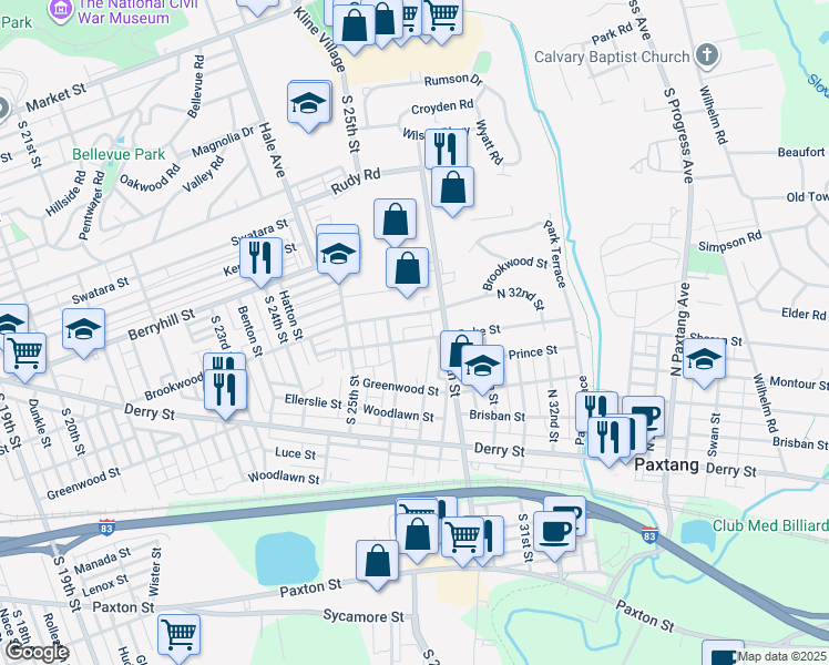 map of restaurants, bars, coffee shops, grocery stores, and more near 2618 Duke Street in Harrisburg