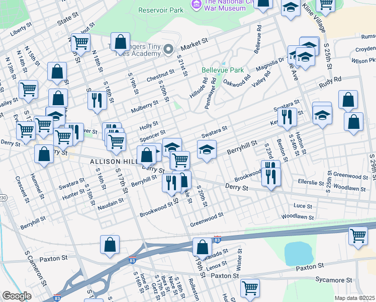 map of restaurants, bars, coffee shops, grocery stores, and more near 2020 Kensington Street in Harrisburg
