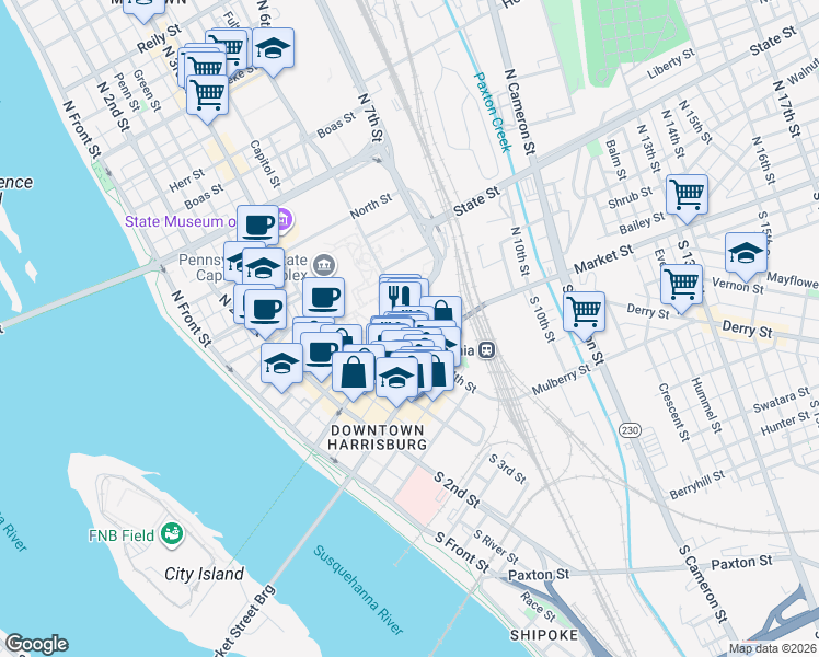 map of restaurants, bars, coffee shops, grocery stores, and more near 405 Walnut Street in Harrisburg