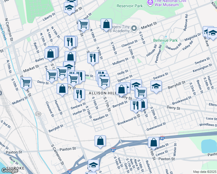 map of restaurants, bars, coffee shops, grocery stores, and more near 341 Carlisle St in Harrisburg