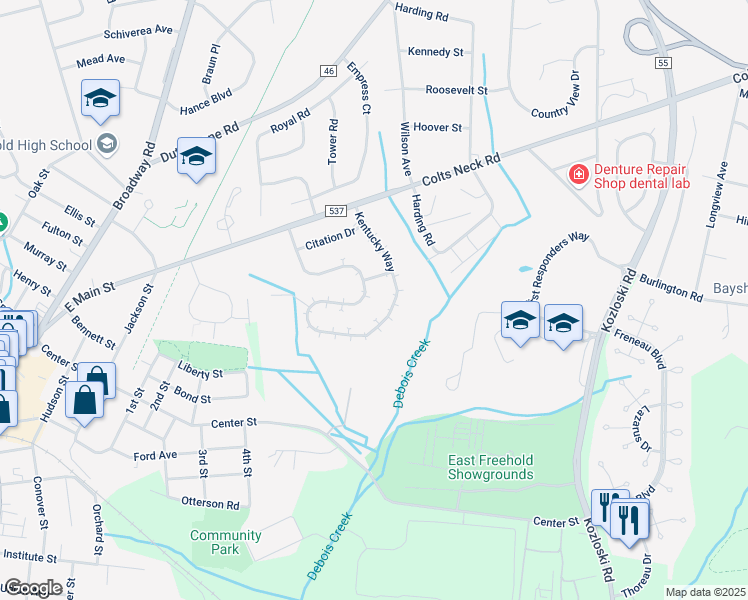 map of restaurants, bars, coffee shops, grocery stores, and more near 67 Kentucky Way in Freehold Township