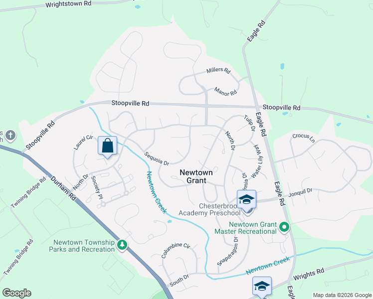 map of restaurants, bars, coffee shops, grocery stores, and more near 266 Sequoia Drive in Newtown