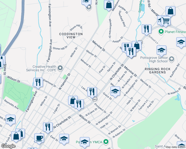 map of restaurants, bars, coffee shops, grocery stores, and more near 245 Maplewood Drive in Pottstown