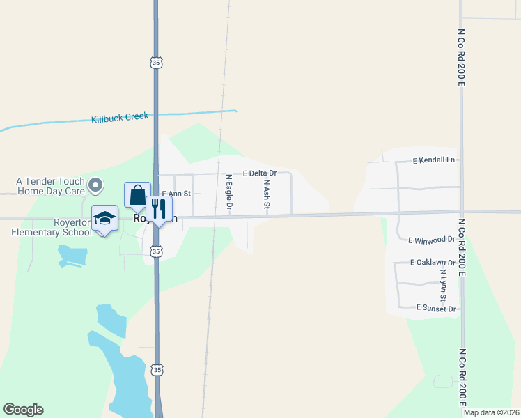 map of restaurants, bars, coffee shops, grocery stores, and more near 2220 East Co Road 500 North in Muncie