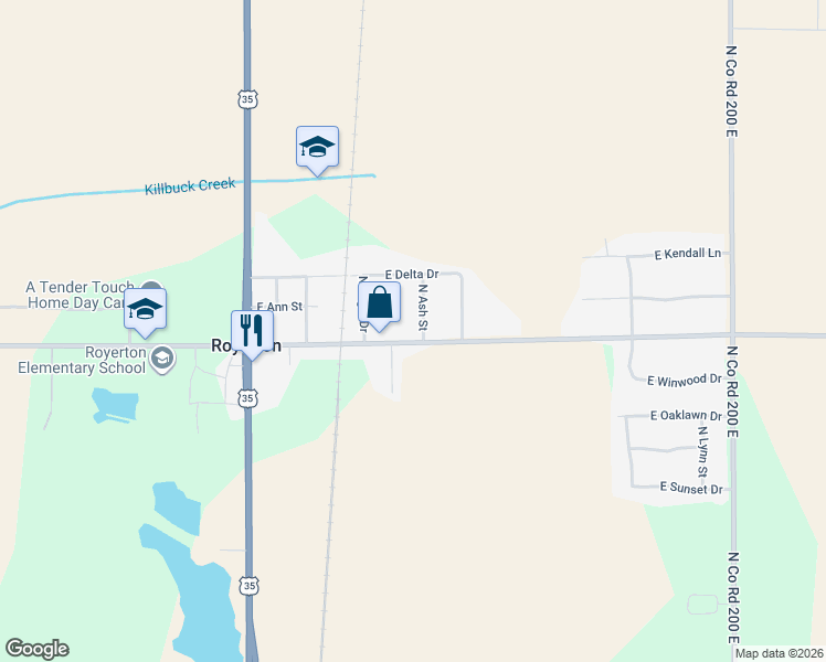 map of restaurants, bars, coffee shops, grocery stores, and more near 2220 East Co Road 500 North in Muncie