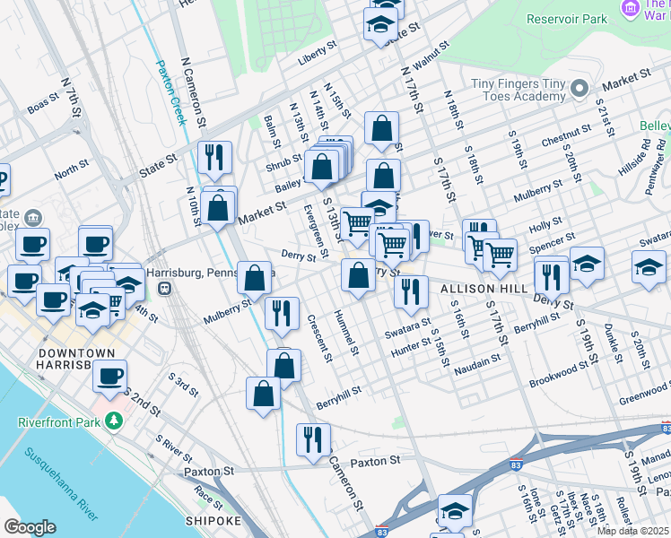 map of restaurants, bars, coffee shops, grocery stores, and more near 1249 Mulberry Street in Harrisburg