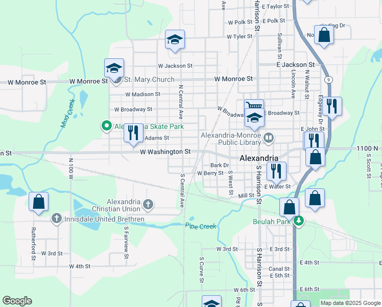 map of restaurants, bars, coffee shops, grocery stores, and more near 511 W Washington St in Alexandria