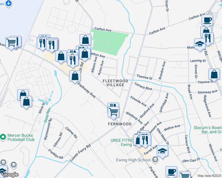 map of restaurants, bars, coffee shops, grocery stores, and more near 17 Dixmont Avenue in Ewing Township