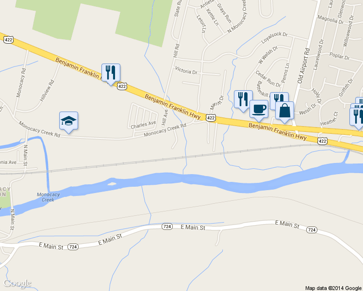 map of restaurants, bars, coffee shops, grocery stores, and more near 7 Thalia Lane in Birdsboro