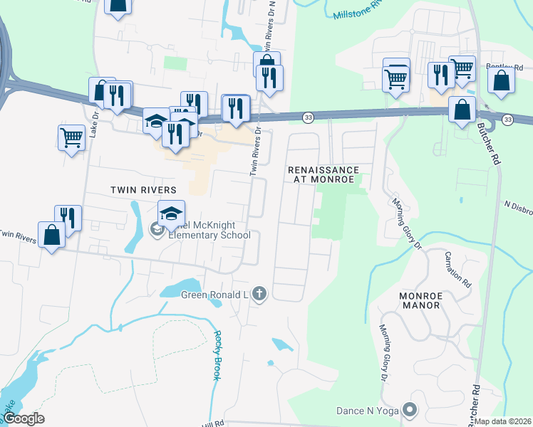 map of restaurants, bars, coffee shops, grocery stores, and more near 21 Pennington Road in East Windsor
