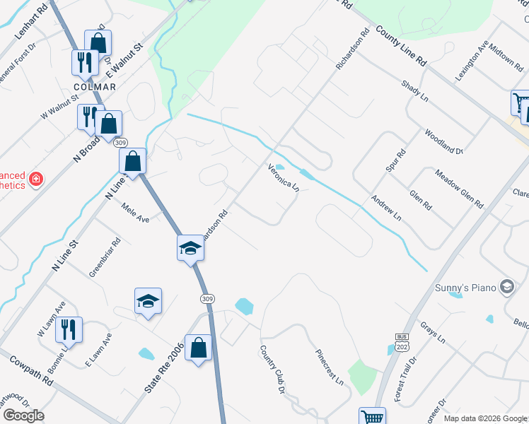 map of restaurants, bars, coffee shops, grocery stores, and more near 103 Veronica Lane in Lansdale