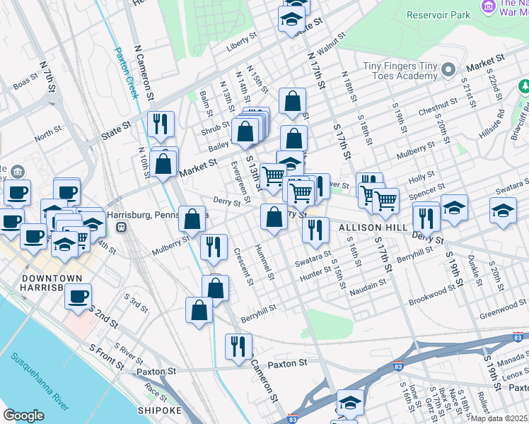 map of restaurants, bars, coffee shops, grocery stores, and more near 1255 Derry Street in Harrisburg