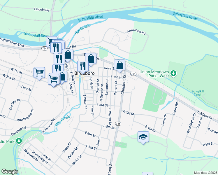 map of restaurants, bars, coffee shops, grocery stores, and more near 139 South Spruce Street in Birdsboro