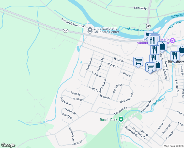 map of restaurants, bars, coffee shops, grocery stores, and more near 500 Harding Street in Birdsboro