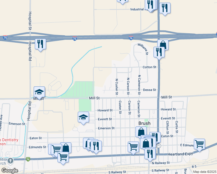 map of restaurants, bars, coffee shops, grocery stores, and more near 725 Dessa Street in Brush