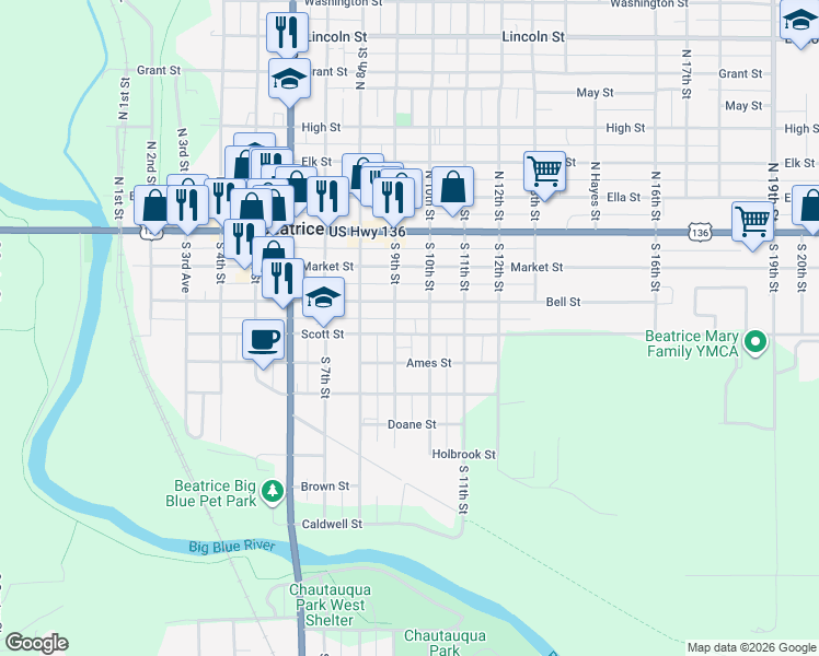 map of restaurants, bars, coffee shops, grocery stores, and more near 322 South 9th Street in Beatrice