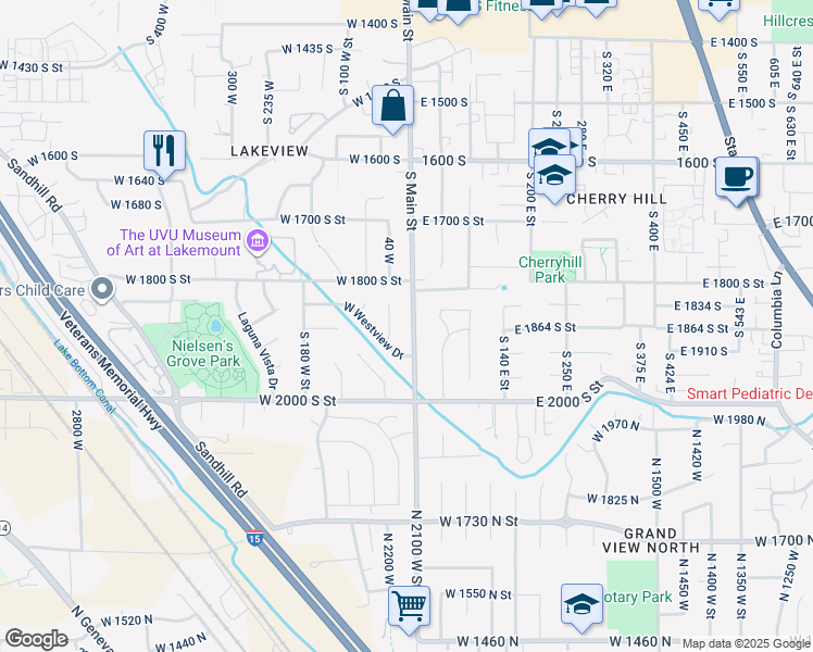 map of restaurants, bars, coffee shops, grocery stores, and more near 1874 Main Street in Orem
