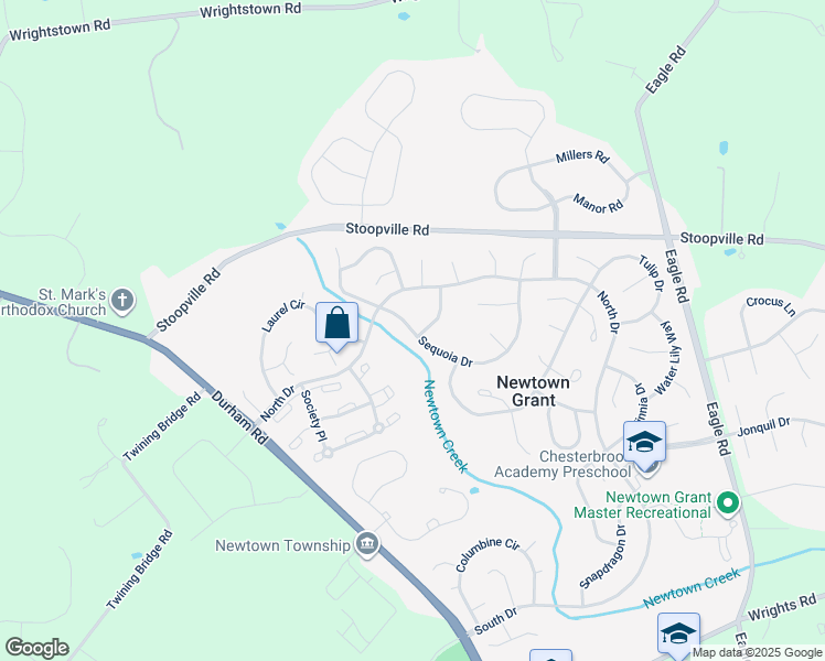 map of restaurants, bars, coffee shops, grocery stores, and more near 35 Sequoia Drive in Newtown