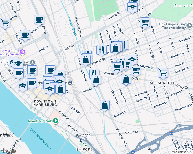 map of restaurants, bars, coffee shops, grocery stores, and more near 105 South Cameron Street in Harrisburg