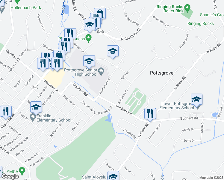 map of restaurants, bars, coffee shops, grocery stores, and more near 1277 Lynn Drive in Pottstown