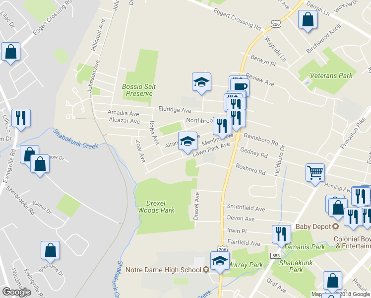 map of restaurants, bars, coffee shops, grocery stores, and more near 70 Meriline Avenue in Lawrence Township